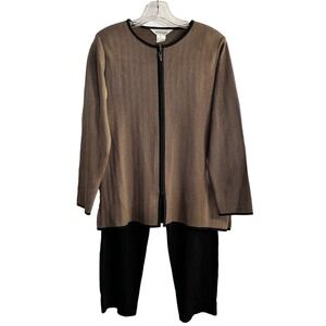 Exclusively Misook Knit Full Zip Cardigan and Tapered Pant Set Brown Black SM